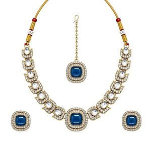 Conjunto de Collar y Pendientes de Circonio Chapado en Oro con Diseño Geométrico de Piedra Azul para Joyería de Boda para Mujer - Product Image 1