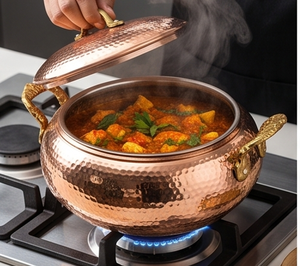 ACME METAL INDIA Round Hammered <b>Copper</b> Casserole With Lid Traditional Design Durable For Gas And Induction Use - Product Image 4