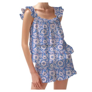 Indian Handmade Vintage Block Printed Cotton Shorts Pajama Set Spring/Summer Floral Fitted Strappy Ruffle <b>Trim</b> Sleeves PJ Set - Product Image 2