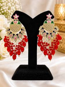 Indian Traditional Meenakari Peacock <b>Earrings</b> <b>Gold</b> Plated Kundan Statement Chandelier <b>Dangle</b> <b>Earrings</b> with Blue Crystal Beads - Product Image 3