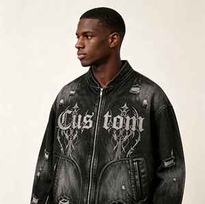 Chaqueta Bomber Corta con Cremallera, Estilo Desgastado, con Gráfico de Bordado de Cruz Gótica Oscura Kornit DTG, con Detalles Deshilachados y Agujeros, Corte Holgado, Estilo Urbano - Product Image 3