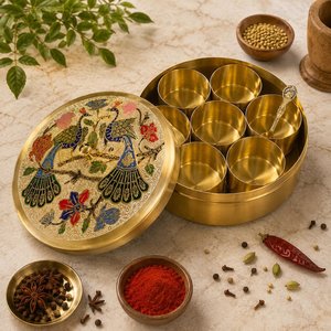 Handcrafted Brass Peacock Masala <b>Box</b>. Traditional Indian Spice <b>Storage</b> with 7 Containers & Spoon - Product Image 3