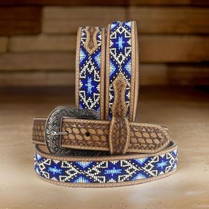 Premium Vintage Western Genuine Leather Pin Buckle Belt Geometric <b>Tooling</b> Beaded Inlay Handcrafted Cowboy Style Belt - Product Image 2
