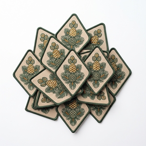 Custom Patch Direct Supplier Diamond Pine Cone Branch Evergreen <b>Woodland</b> Badge Off White Twill Green Border Applique - Product Image 1