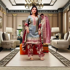 TOP PLAZZO VINTAGE PARTY PURSE DUPATTA HEAVY GMY SILK CHAIN SEQUNCE EMBROIDERY <b>WORK</b> SUIT - Product Image 1