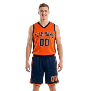 Ensemble d'uniformes de basket-ball classiques pour adultes, maillot sans manches à col en V, short décontracté avec bordure latérale, nom et numéro du joueur, 100% coton - Product Image 1