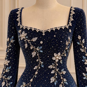 Blue Satin Evening Dress Long Sleeve Sweetheart Beaded Lace Natural Waist Mini Party Floral Sequin <b>Cocktail</b> Dress for Women - Product Image 5