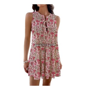 Designer Hand Block Printed Top Women Western Wear Puff Short <b>Dress</b> Sleeveless Top India & Pakistan Clothing - Product Image 3