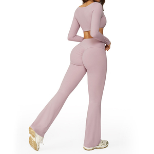 Ensemble de yoga sans couture pour femme, violet uni, avec soutien-gorge de sport dos nu, leggings taille haute et haut court à manches longues, tenue de sport - Product Image 2