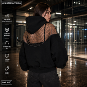 Custom Mesh Panel <b>Zip</b> <b>Up</b> Hoodie OEM ODM Private Label Womens <b>Cropped</b> Streetwear Hoodie Wholesale Manufacturer - Product Image 3