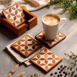 Handgefertigtes Sandelholz-Untersetzer-Set mit Blattmuster, Aufbewahrungsbox für Kaffee- und Teetassen, Indisches Räucherwerk JSI-24 Modell - Product Image 6
