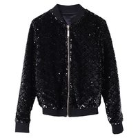 Blouson bomber noir à sequins pour femme, fermeture éclair, vêtement de soirée, vêtement d'extérieur tendance