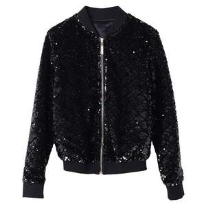 Blouson bomber noir à sequins pour femme, fermeture éclair, vêtement de soirée, vêtement d'extérieur tendance - Product Image 4