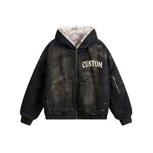 Custom Faux Fur Lined Heavyweight Unisex Acid Wash <b>Denim</b> Jacket Vintage Hooded Bomber Zip <b>Coats</b> Graphic Trendy Streetwear - Product Image 1