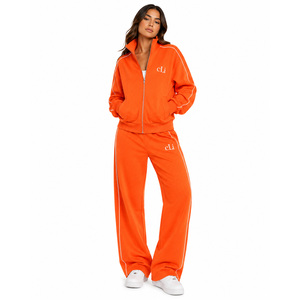 Front Zip OEM Hooded Sweatshirt <b>Thin</b> Stripes Regular Fit Jacket <b>Hoodies</b> Wide Leg Straight Trousers Lightweight 100% Cotton - Product Image 1