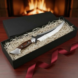 Cuchillo de cocina hecho a mano de acero inoxidable J2 con mango de madera, hoja con punta de clip, acabado pulido, para uso con la mano derecha, tipo Bowie. - Product Image 2