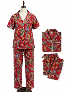 Red Floral Hand Block Print Pajama Set Women Short Sleeve Shirt Long <b>Pants</b> Casual Nightwear Handmade Cotton Sleepwear Loungewear - Product Image 3