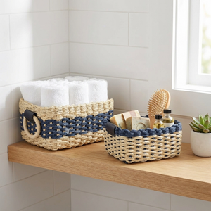 Paper Rope Storage Basket, Woven <b>Rectangle</b> Organizer with Ring Handles, Two-tone Nautical Eco-friendly Bathroom & Closet <b>Bin</b> - Product Image 3