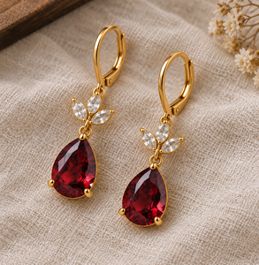 Boucles d'oreilles pendantes en alliage plaqué or avec grenat rouge taille poire pour femme, idéales pour mariage et soirée - Product Image 5