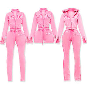 Nouvelle Tendance OEM : Ensemble 2 Pièces Femme Brodé, Veste Longue Zippée à Capuche et Short, Style Vintage Délavé à l'Acide, Logo Personnalisé - Product Image 1