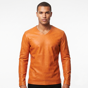 T-shirt en cuir à manches longues pour homme, T-shirt en cuir pour homme, mode streetwear, T-shirt en cuir à col en V pour garçons, T-shirt 100% cuir pour homme - Product Image 1