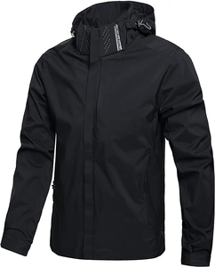 Men's <b>Black</b> Hooded Waterproof Windbreaker <b>Jacket</b> Regular Fit Zipper Closure Sporty Style Winter Outdoor Wear - Product Image 1