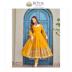 Breed verkochte Indiase kleding, rechtstreeks van de fabriek, premium zware, knapperige zijde met borduurwerk en pailletten, Anarkali pak. - Product Image 6