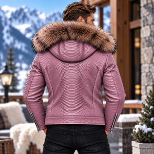 <b>Men's</b> High Quality Python Leather Motorcycle Jacket Fox Fur Hood Designer Biker <b>Coat</b> | Herren Lederjacke | Chaqueta Hombre Cuero - Product Image 5