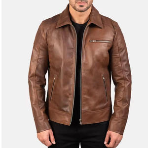 Custom Wholesale <b>Men</b> Genuine <b>Leather</b> <b>Jacket</b> Brown Slim Fit Biker Motorcycle Stand Front Waterproof Eco-Friendly Autumn Winter - Product Image 6