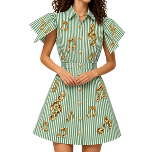 Wholesale Green and white stripped <b>Dress</b> <b>with</b> Musical Notes Sequin Patchwork Cap Sleeve Midi Length Casual Spring/<b>Summer</b> <b>Dress</b> - Product Image 4