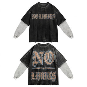 Camiseta Premium de Doble Capa de Algodón de 240 GSM, Lavado Ácido, Mangas Negras y Grises, Estampado Puff, Logotipo Personalizado - Product Image 1