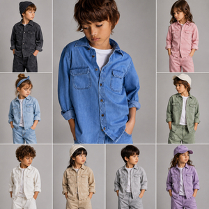 Camisa de mezclilla para niños, manga larga, con botones, informal, para niños y niñas, 240 GSM, teñida, con bolsillo, ropa de moda infantil, conjunto excedente - Product Image 1