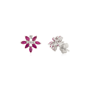 925 Sterling <b>Silver</b> Natural Ruby & Diamond Floral Motif Classy <b>Stud</b> <b>Earrings</b> For Women July Birthstone Gift - Product Image 5