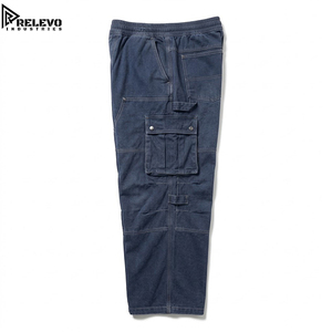 OEM Men <b>Vintage</b> Navy Blue <b>Cargo</b> Trousers, Streetwear Oversized Canvas Double Knee Utility <b>Pants</b> Metal Rivets Snap Flap Pockets - Product Image 3