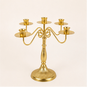 Candelabro de Metal Dorado de Lujo al por Mayor, Centro de Mesa con 5 Brazos para Decoración de Bodas, Hoteles, Comedores y Eventos - Product Image 1