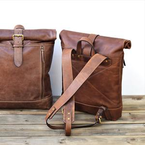 Genuine Leather <b>Roll</b> Top <b>Backpack</b> Mens Large Laptop Bag Cowhide Travel Rucksack Expandable Main Pocket LTBP-0117 - Product Image 4