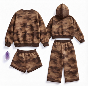 Custom Apparel Manufacturer 4 Piece Cotton Fleece Long <b>Set</b> Hooded Sweatshirt & Pants Shorts Casual Loose Fit Winter Eco-Friendly - Product Image 2