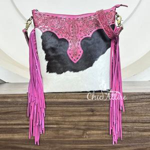 2026 Trendy <b>Pink</b> Floral Hand Tooled Cowhide Leather Fringe <b>Bag</b> New Wholesale Genuine Leather <b>Crossbody</b> Messenger <b>Bag</b> For Women - Product Image 1