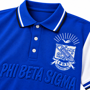 เสื้อโปโลสีน้ำเงินกรมท่า-ขาวสำหรับผู้ชาย แบรนด์ Phi Beta Sigma ปักลายตราสัญลักษณ์แบบนูน ตัวอักษรแบบนูน แขนสั้น คอปก เสื้อผ้าสำหรับสมาคมนักศึกษา - Product Image 5