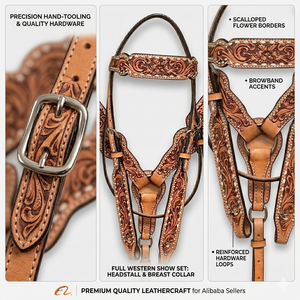 Conjunto de arreos para caballo estilo western: cabezada con pechera de cuero y herrajes de acero inoxidable - Product Image 3