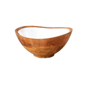 Bol à salade en bois artisanal avec imprimé tacheté émaillé ocre, bol de service décoratif rond pour la maison, la cuisine et la restauration - Product Image 1