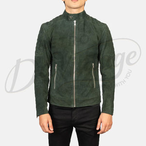 Premium Dark Green <b>Suede</b> Leather <b>Jacket</b> Men Quilted Shoulder Slim Fit Biker <b>Jacket</b> Casual Stand Collar Outerwear Coat - Product Image 2