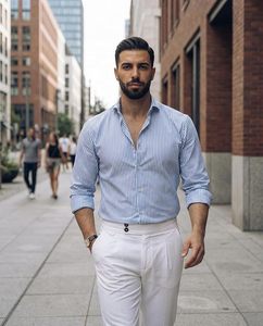 Camisa a rayas para hombre, corte ajustado, manga larga, formal, informal, de algodón con botones, para oficina - Product Image 2