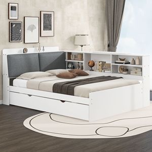 Letto a piattaforma matrimoniale in legno bianco con letto estraibile e testiera contenitore con pratiche mensole - Product Image 2