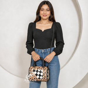 Luxury Western Floral Tooled Leather <b>Mini</b> Sppedy <b>Bag</b> with <b>Black</b> & White Checkered Cowhide Leather Duffle <b>Bag</b> for Travel & Daily - Product Image 1