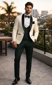 Costume de smoking crème pour homme avec gilet vert et nœud papillon, tenue de cérémonie pour marié, style britannique, ensemble trois pièces - Product Image 5