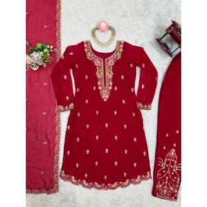 Ensemble haut, bas et dupatta de soirée à manches longues, de créateur, avec broderie. - Product Image 2