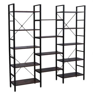 Libreria Industriale Vintage Francese a 5 Ripiani in Legno e Metallo, Scaffale Triplo Largo Aperto, Grande Etagere - Product Image 2