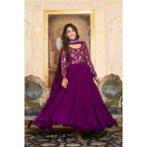 VESTIDO DE TRABAJO DE JACQUARD PURO DE DISEÑADOR GEORGETTE CON BORDADO DE SECUENCIA TRABAJO DUPATTA VINO - Product Image 1