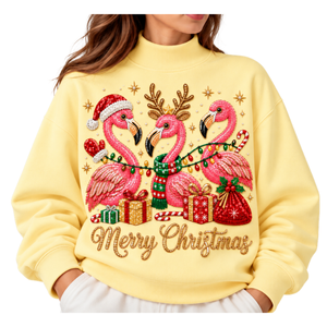 <b>Women's</b> Yellow Sequin Embroidery Flamingo <b>Christmas</b> <b>Sweatshirt</b> Long Sleeve Crewneck for Autumn/Winter Wholesale Pullover Set - Product Image 1